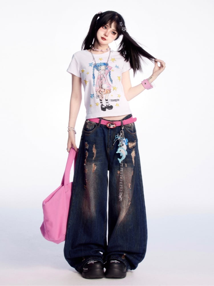 Y2K Cartoon Girl and Star Print White Round Neck T-shirt