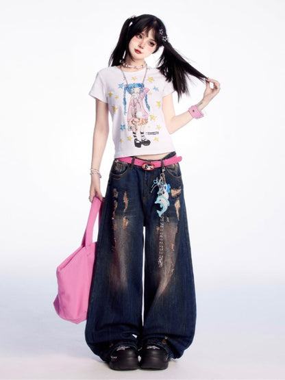 Y2K Cartoon Girl and Star Print White Round Neck T-shirt