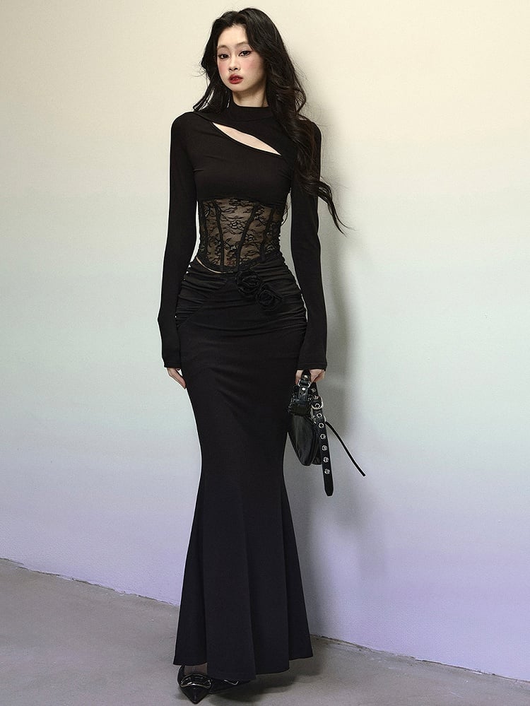 Black Lace Patchwork Cutout Detail Slim Fit Top