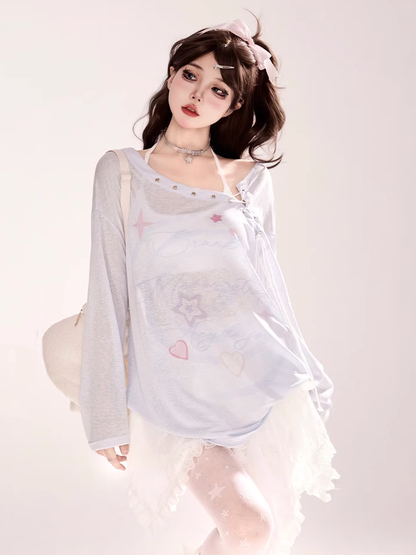 Print Blue/White Coverup Lace-up Neckline Star Semi-sheer