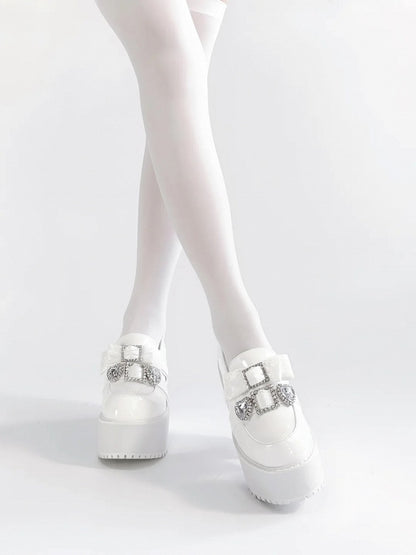with Jirai Platform Matte Rhinestone Bow White 10cm Heart Loafers Kawaii Kei Heel