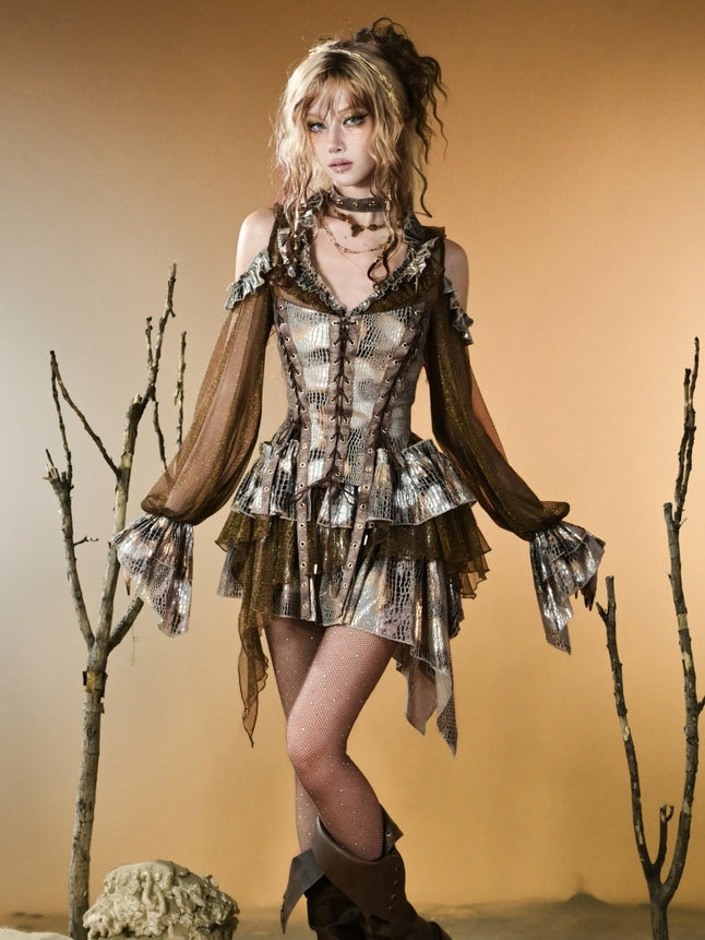 Shoulder Brown V-neck Wasteland Punk Sleeves Dark Top Design Long Cutout Semi-sheer