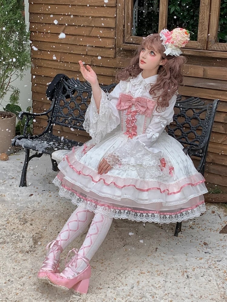 White and Pink Bowknot Details Tiered Skirt Sweet Lolita Dress Jumper Skirt