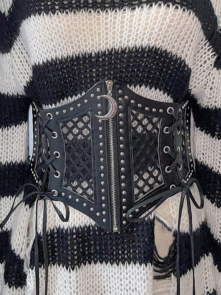 Korsettgürtel mit Schnürdetail und Halbmond-Reißverschluss, schwarz, Punk-Taille
