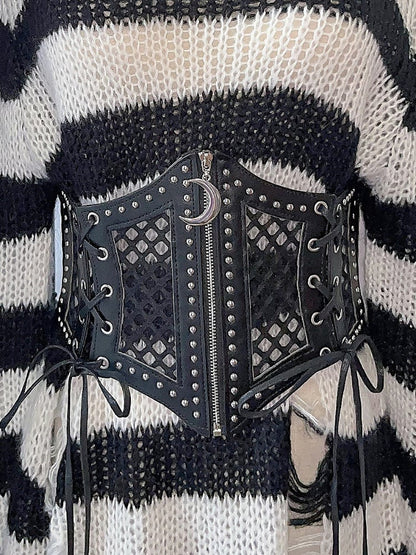 Korsettgürtel mit Schnürdetail und Halbmond-Reißverschluss, schwarz, Punk-Taille