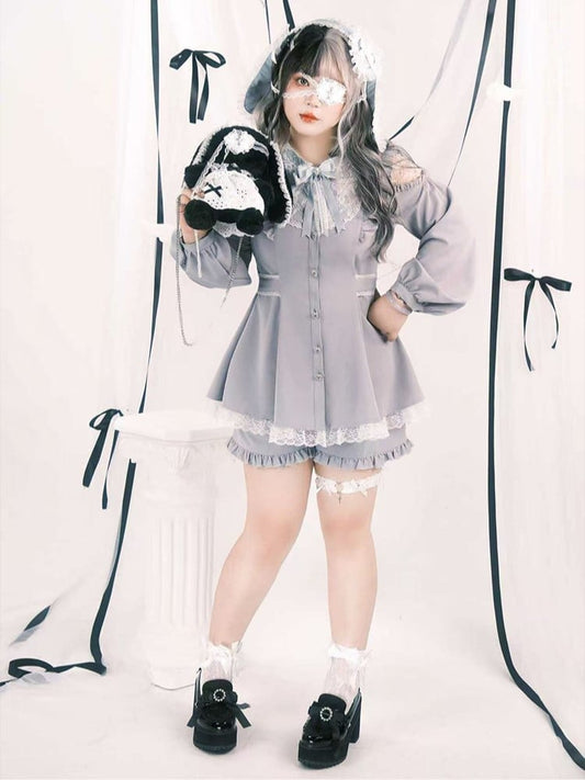 Set: Size Top Blue Elastic Jirai Light Kei Waist Cutout Plus Shorts Shoulder