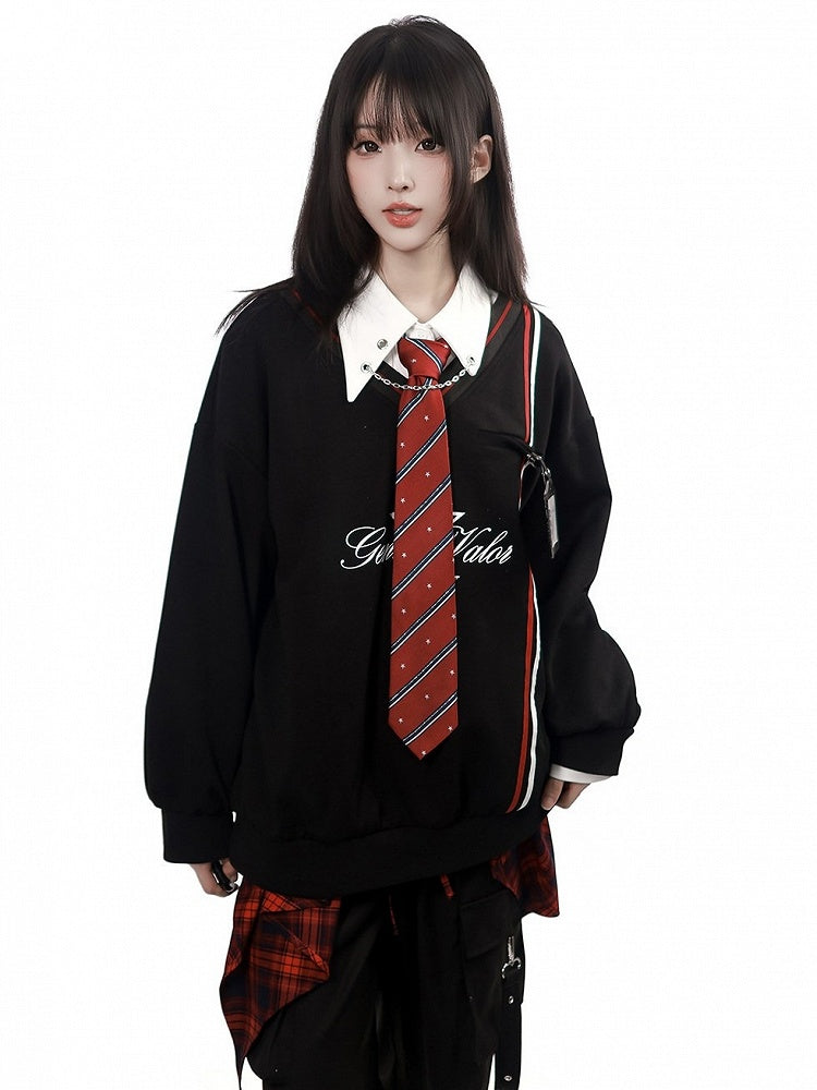 Chained Accent Pointed-Collar Blouse in White with Extended Sleeves - PINK SAVIOR