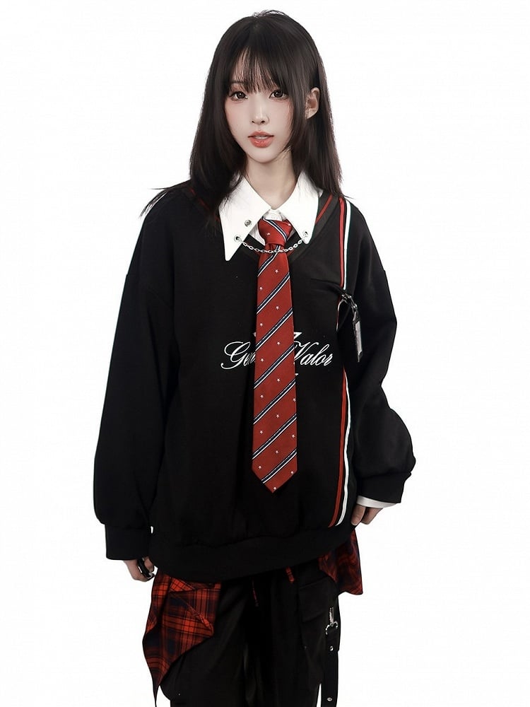 Kawaii Preppy Star-Printed V-Neck Pullover in Black - PINK SAVIOR