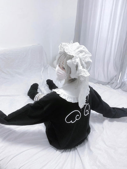 with Collar Kitten Sweatshirt and Print Frog Button Style Detachable Angelic Cheongsam Blue/Black Landmine