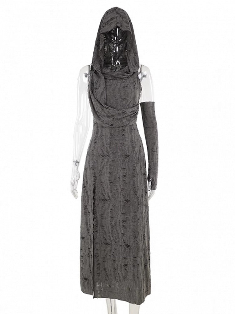 Hooded Gray Distressed Wasteland Sleeve Thigh-High Sleeveless with Hole Slit Dress Punk Arm