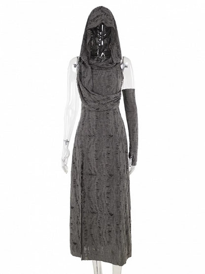 Hooded Gray Distressed Wasteland Sleeve Thigh-High Sleeveless with Hole Slit Dress Punk Arm