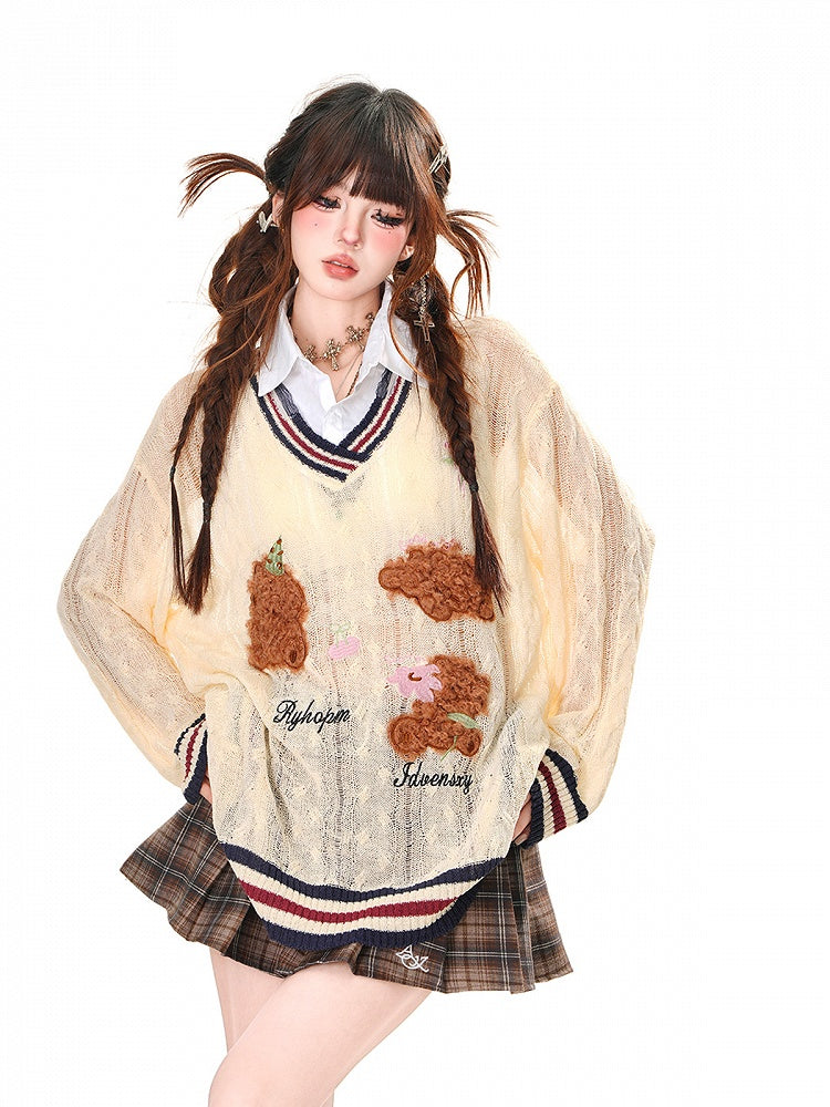 スタイルベア柄 アプリコット プレッピー フェイクツーピースシャツ 日焼け防止 透かし