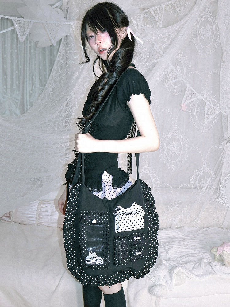 Multiple White Polka Oversized Bow Kawaii Black Pockets Crossbody Dot Bag with