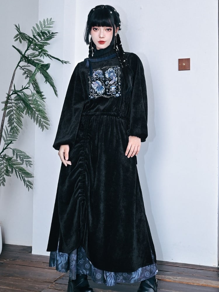 Embroidery Mock Cheongsam - Neck Black Goth Sweatshirt with Goldfish