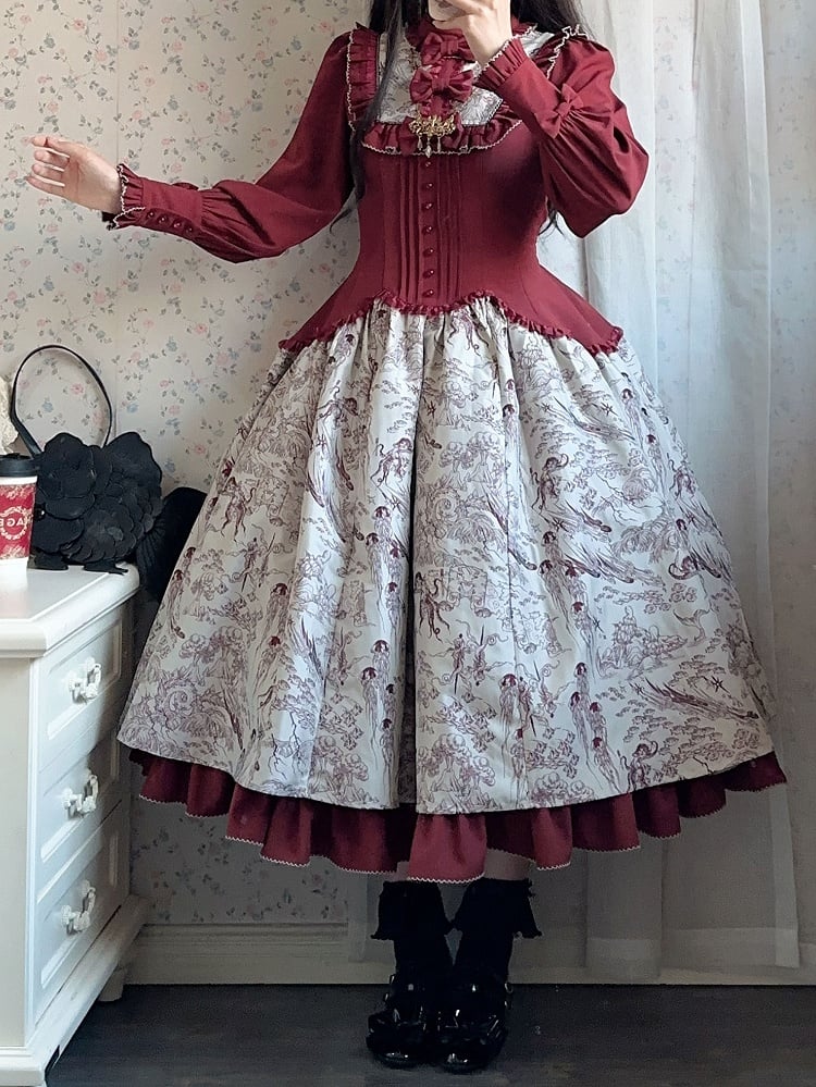 Animals Long-Sleeve Elegant White Print Lolita Forest Piece One Red