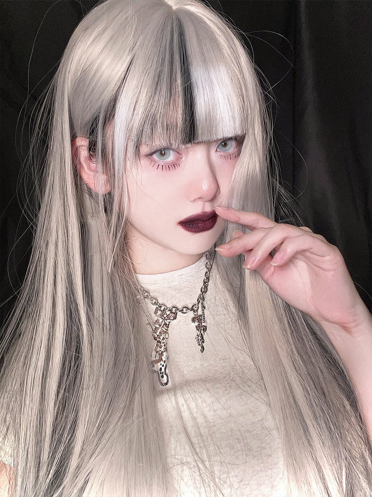 Straight Full Bangs Hime Silver 80CM Black Cut with Wig Highlight