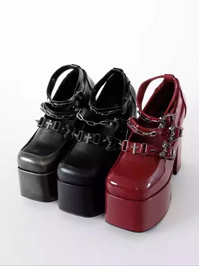 Toe Black Closure Mary Punk Heel with Ornate Coffin - Matte Square Bat Janes Motif Chunky Cross