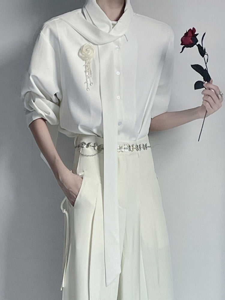 White and Shirt Chiffon Ribbon Brooch Rose with Design