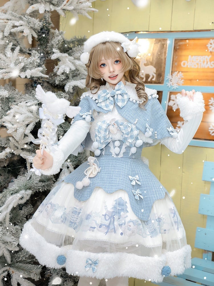 Blue White Plush Sleeveless Gown with Pom-pom Snowman Accents - Xiong Dou Jiang