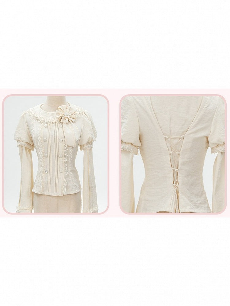 Beige Lolita Blouse with Removable Sleeves and Floral Bow - U.Rtto