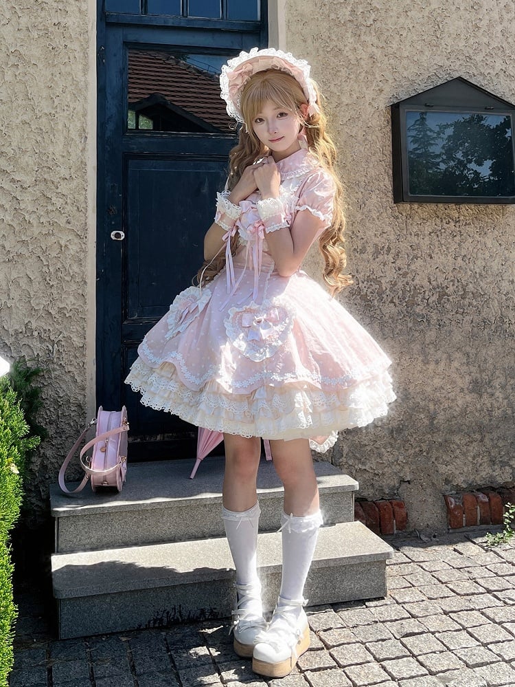 Lolita Dress Accents Pink Bow White with Applique Polka Dot Heart Sweet Sweetheart