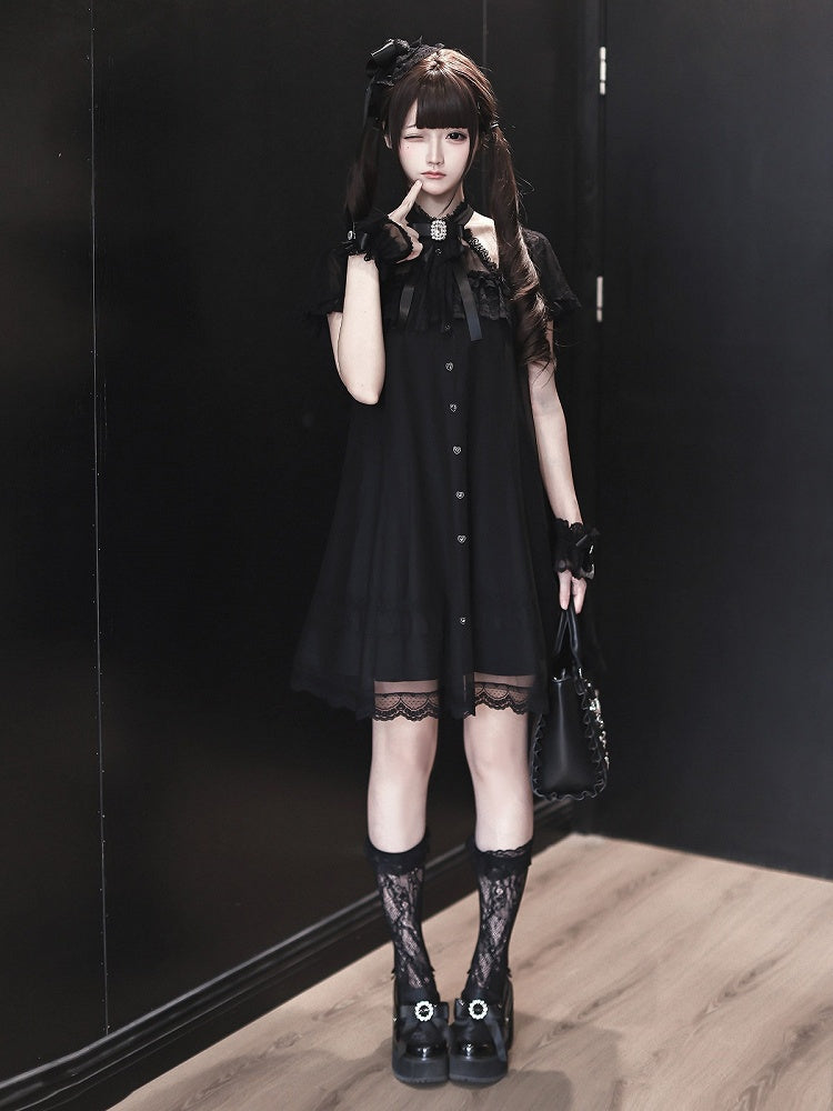 Gothic Halter Dress with Lace and Bow Details - Ekomi