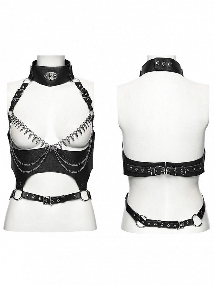 Spikes and Chains Black Leather Punk Body Harness - Punk Rave