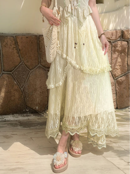 アプリコット ゴムウエスト アシンメトリー レーススカート