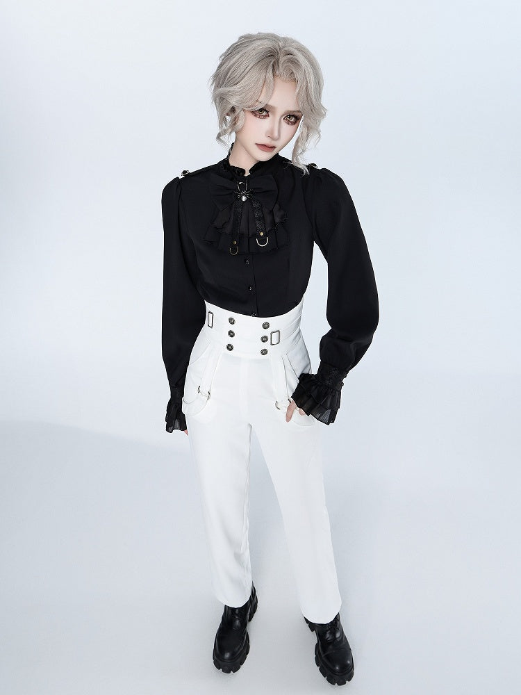 High Neck Long Sleeve Black Shirt with Ruffle Cuffs and Spider Bowtie - DevilInspired Exclusive Collection