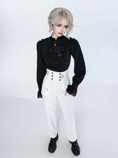 High Neck Long Sleeve Black Shirt with Ruffle Cuffs and Spider Bowtie - DevilInspired Exclusive Collection