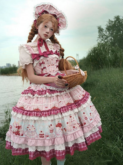 Pink Cherry Cake Print Sweet Lolita Dress with Layered Ruffles - Strawberry Fantasy