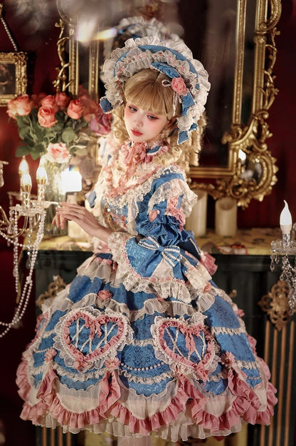 Blue Hanayome Rosette Embroidery Floral Bead Chain Lolita OP - Bramble Rose