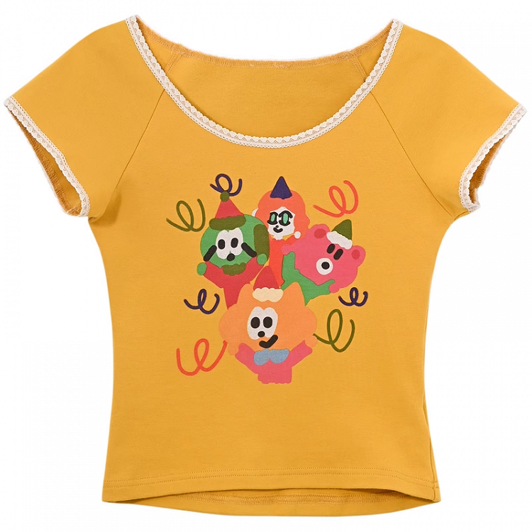 漫画プリントTシャツ ネックジンジャーレーストリムラウンド