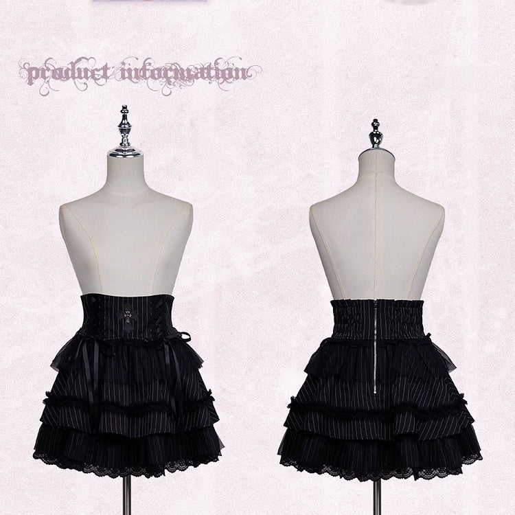 Black Skirt Tiered Lace and with Lace-up Details Striped Cross Ruffle Kei Jirai