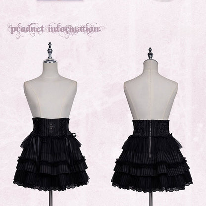 Black Skirt Tiered Lace and with Lace-up Details Striped Cross Ruffle Kei Jirai