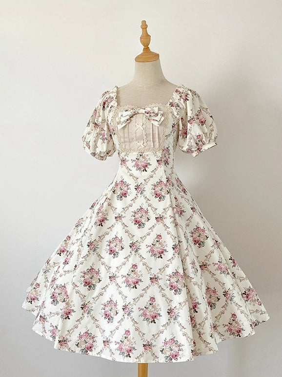 Kleid Square Fashion Print Weißer Ausschnitt Lolita Floral Off Elegant