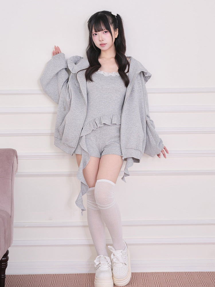 Gray Wing-Shaped Rhinestone Zip-Up Hoodie with Ruffle Trim - No Genki