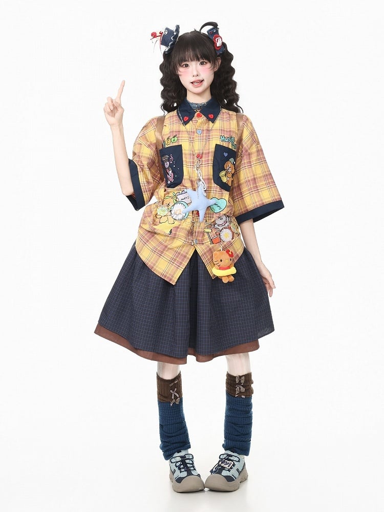 Yellow Plaid Short Sleeve Shirt with Puppy Embroidery - Languid Park