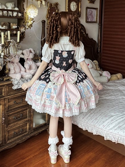 Hase Plüschtier Süßer Teddy Lolita und Kleid Schwarzer Print Overall