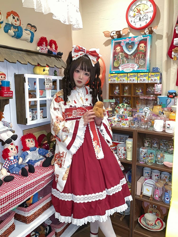 + Design Print Trimmed Set Wa Lolita Bear Beige Lace Top Crossover Dress JSK Red