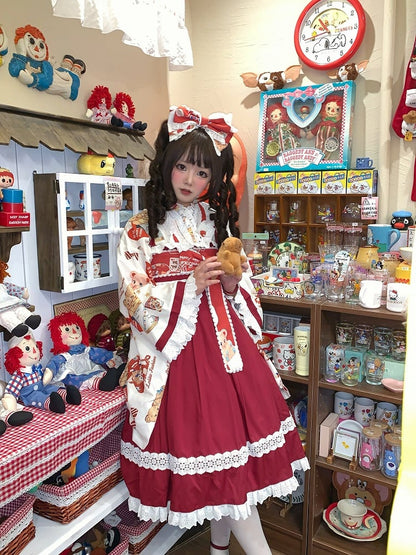 + Design Print Trimmed Set Wa Lolita Bear Beige Lace Top Crossover Dress JSK Red