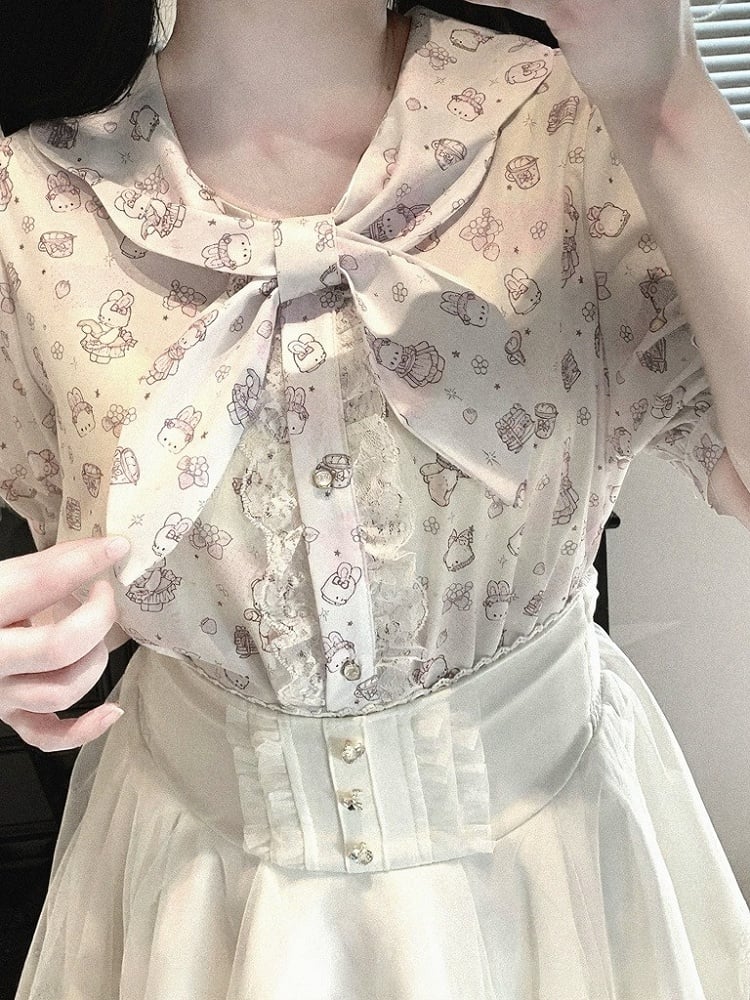 Bunny Ear Bow Collar Blouse, Short Sleeve, Pink & White Print - Kitty Bxllet