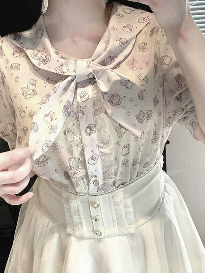 Bunny Ear Bow Collar Blouse, Short Sleeve, Pink & White Print - Kitty Bxllet