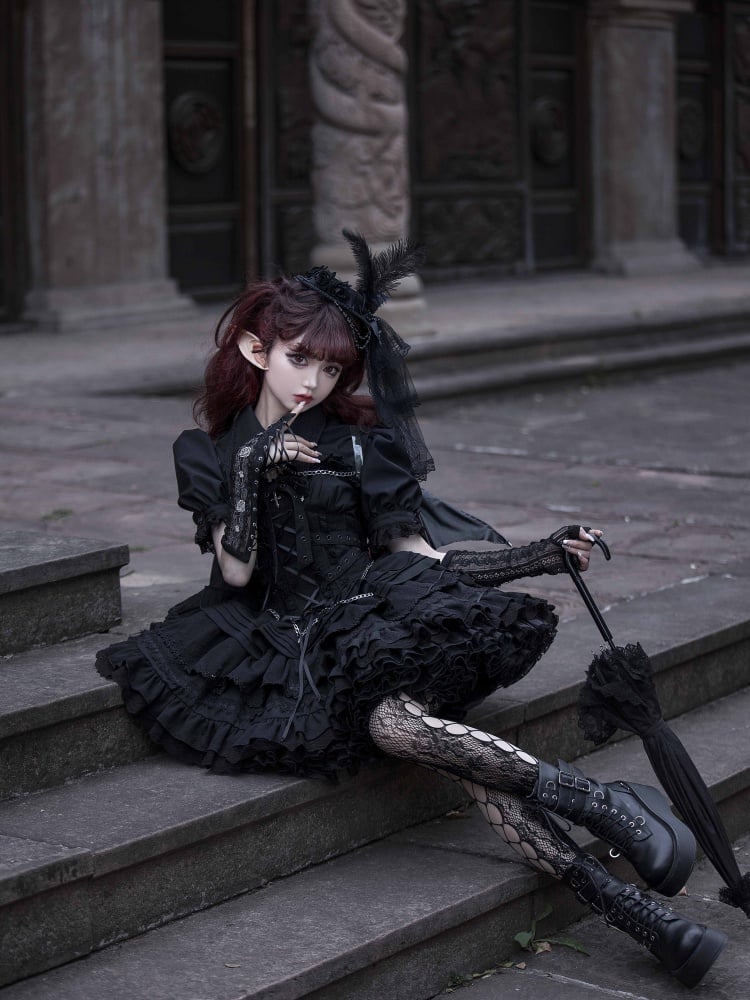 Black Gothic Short Jumper Skirt Adjustable Criss-cross Straps Waist