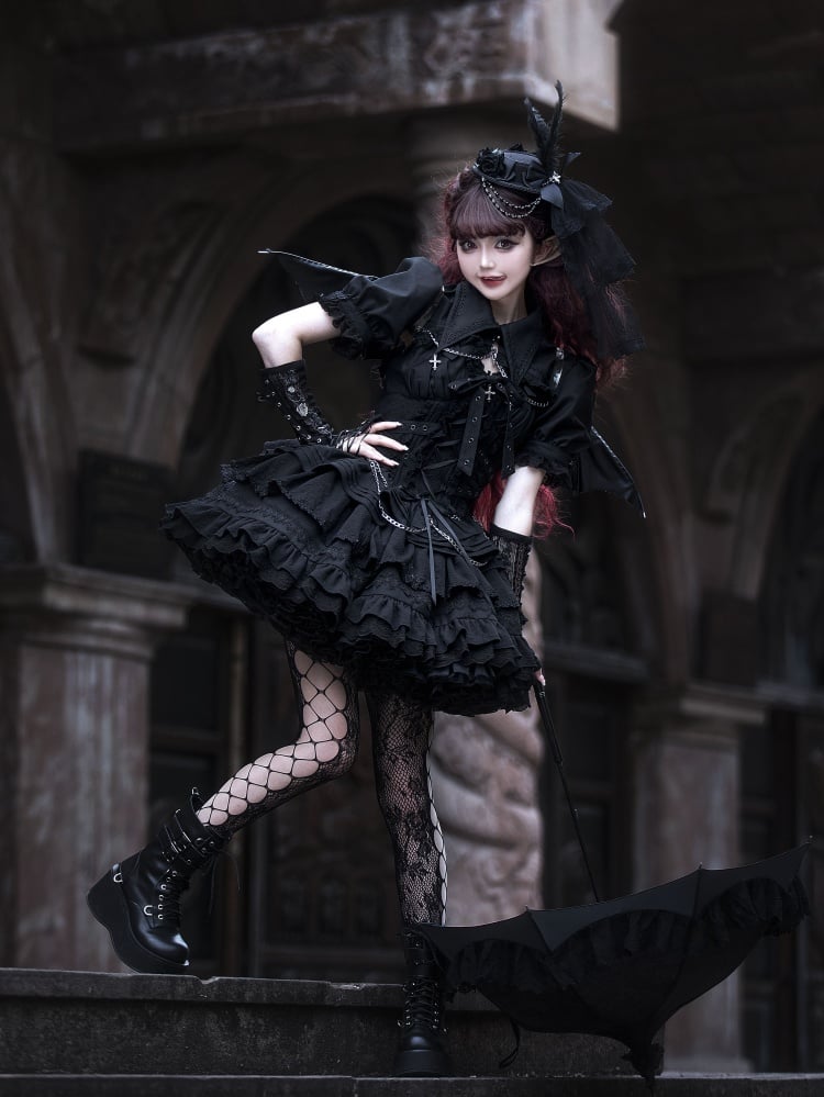 Black Gothic Short Jumper Skirt Adjustable Criss-cross Straps Waist