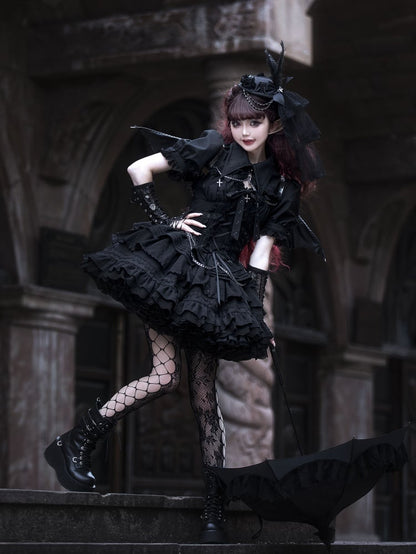 Black Gothic Short Jumper Skirt Adjustable Criss-cross Straps Waist