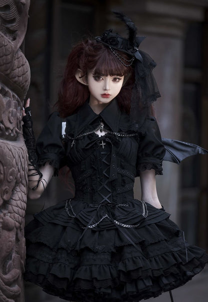 Black Gothic Short Jumper Skirt Adjustable Criss-cross Straps Waist