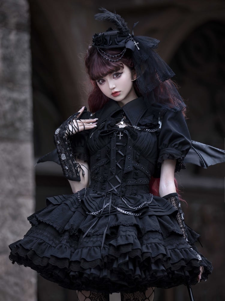 Black Gothic Short Jumper Skirt Adjustable Criss-cross Straps Waist