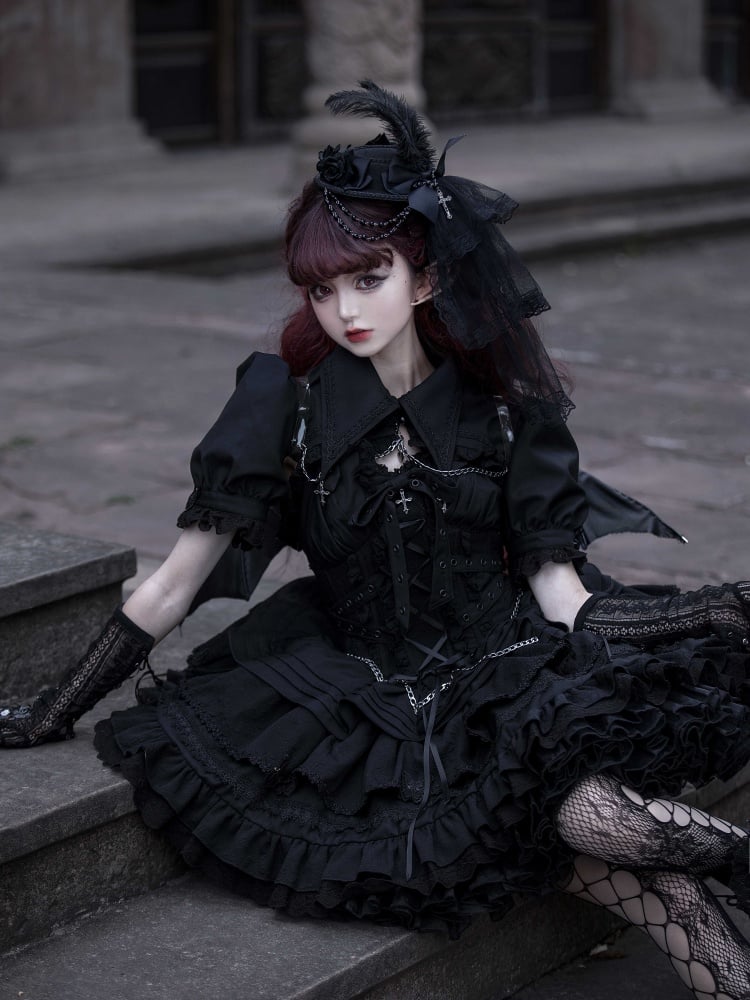 Black Gothic Short Jumper Skirt Adjustable Criss-cross Straps Waist