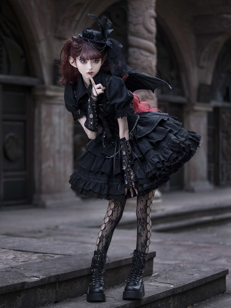 Black Gothic Short Jumper Skirt Adjustable Criss-cross Straps Waist